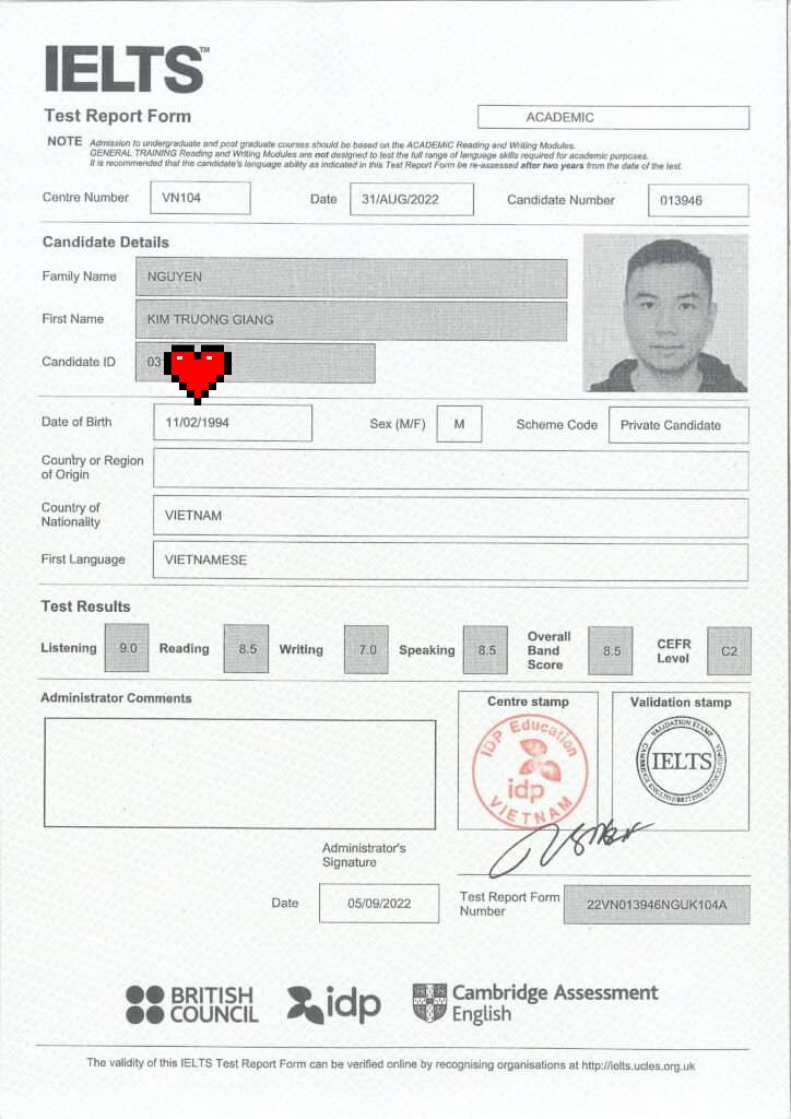 Bằng Ielts 8.5 thầy Steve Nguyen